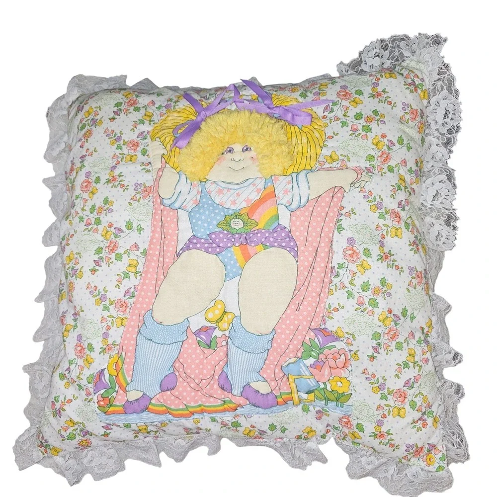 80s‎ Cabbage Patch Kids Lace Trim Throw Pillow Handmade Floral Rainbow Cottage